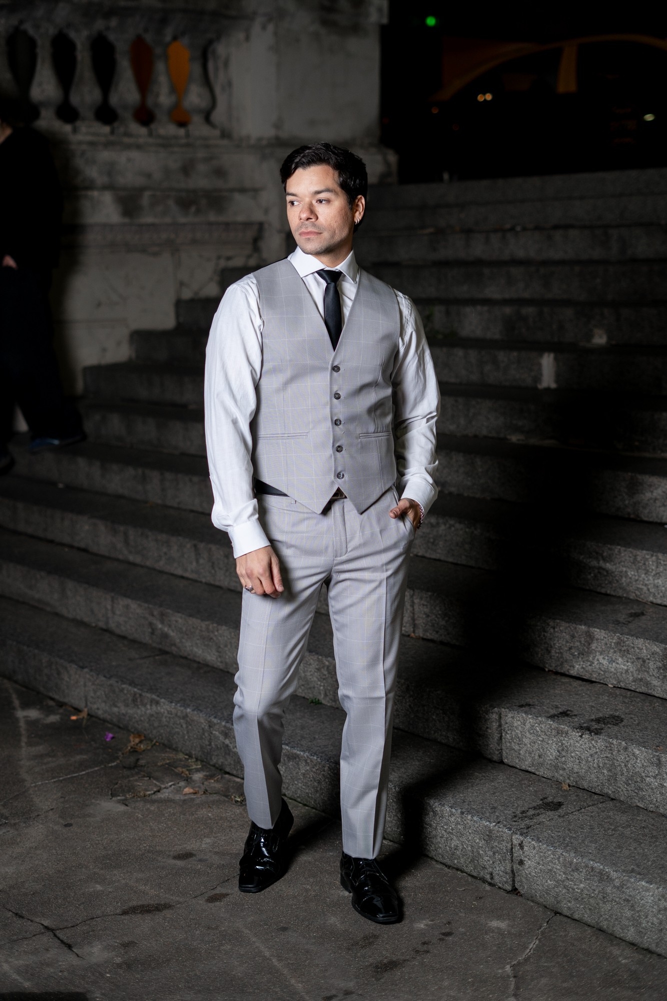 Traje de Hombre  3 Piezas Gris Claro a Cuadros - Imagen 8