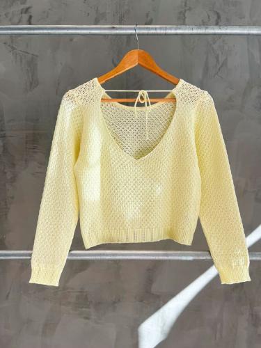 Saco Pulover Tejido de Hilo Mujer Cuello Redondo Detalle Espalda Tira Liviano Premium - Miniatura 2