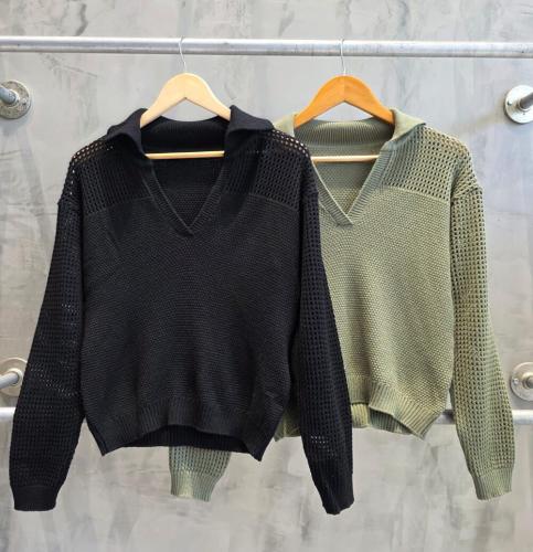 Saco Chomba de Hilo Tejido Escote V con Cuello Mujer - Miniatura 2