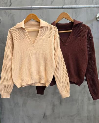 Saco Chomba de Hilo Tejido Escote V con Cuello Mujer - Miniatura 3