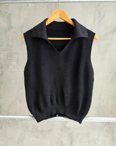 Saco Chaleco de Hilo Tejido Cuello Polo Escote V - Miniatura 2