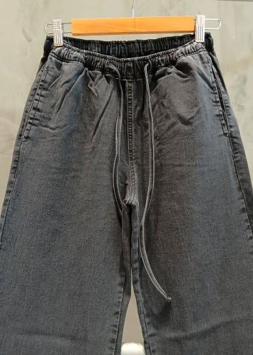 Pantalón Jean Wide Leg Gris Cintura Elastizada con Cordón - Miniatura 2
