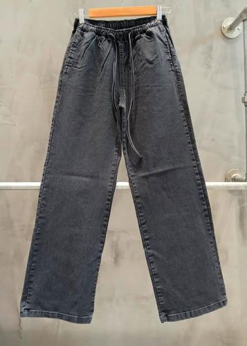 Pantalón Jean Wide Leg Gris Cintura Elastizada con Cordón - Miniatura 3