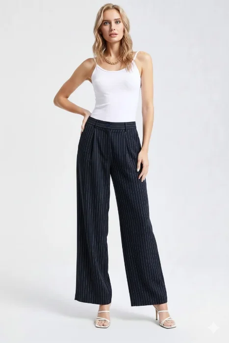 Pantalón Palazo Sastrero Azul Marino Rayado