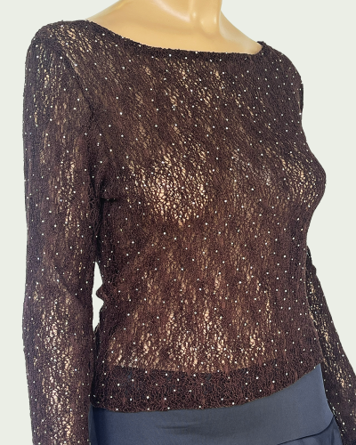 Top Cuello Bote Tejido con Strass Mangas Largas