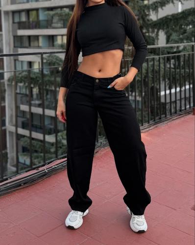Jeans Baggy Negro Rígido Tiro Alto