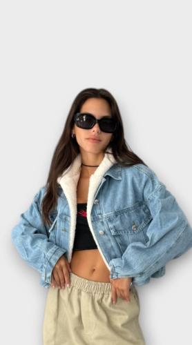 Campera Over Crop Jeans con Piel