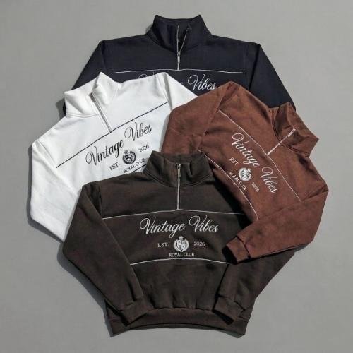 Buzo Cierre Vintage Bives Estampado Algodon Friza Peinado Premium Cuello Alto