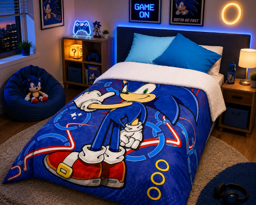 Frazada Manta Corderito Sonic 1 1/2 Plaza Infantil Abrigada Licencia Oficial