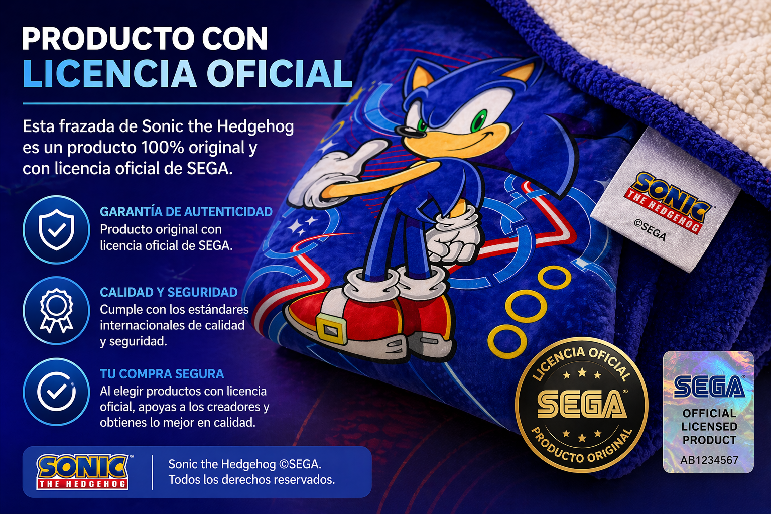 Frazada Manta Corderito Sonic 1 1/2 Plaza Infantil Abrigada Licencia Oficial - 11.png