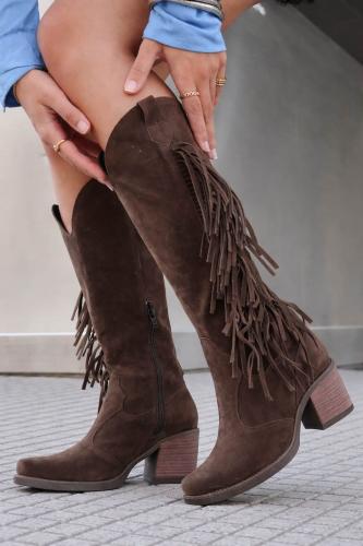 Texanas Caña Alta con Flecos en Gamuza Art.5031 Choco