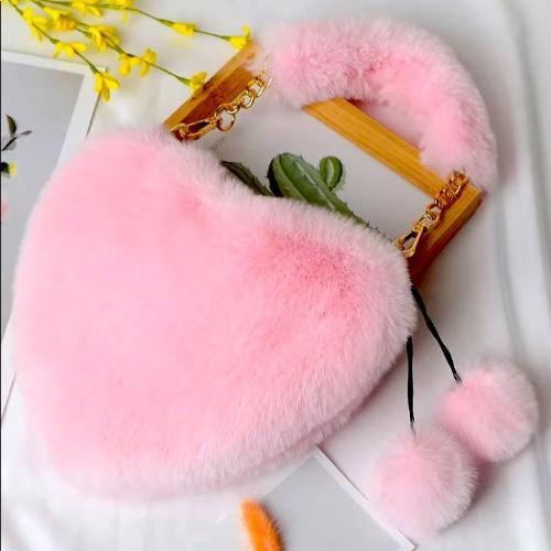 Cartera de Peluche Niñas Nenas Importada Forma de Corazón Rosa Cadena Dorada Pompones