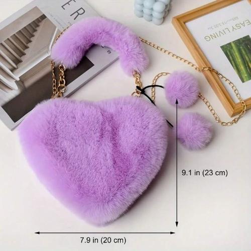 Mini Carterita Corazón Felpa Rosa Importada Suave con Asa de Piel Cadena Estilo Roma - Miniatura 6
