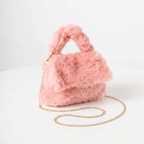 Cartera de Peluche Rosa con Solapa y Cadena Dorada Bolso de Mano Soft Estilo Coquette