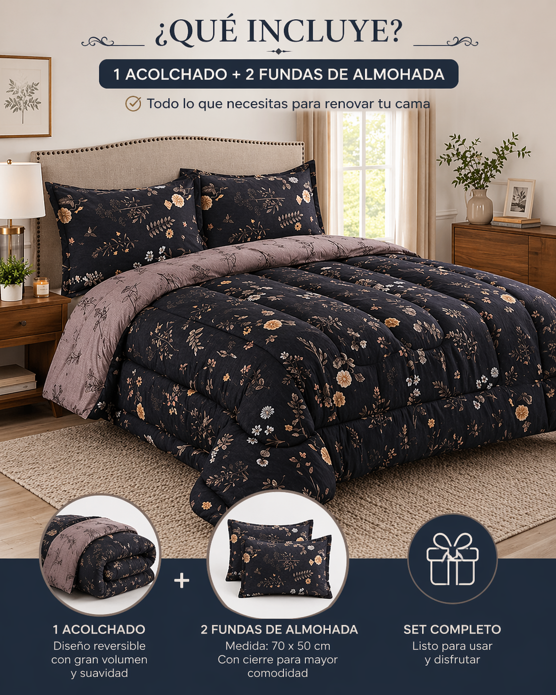 Acolchado Reversible Harmony King Size Gris con 2 Fundas y Bolsa Reutilizable - 5.png