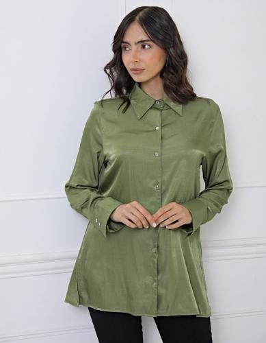 Camisa Satén Manga Larga Verde - Miniatura 3