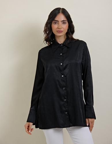 Camisa Satén Manga Larga Negro