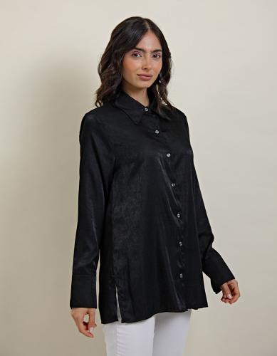 Camisa Satén Manga Larga Negro - Miniatura 4