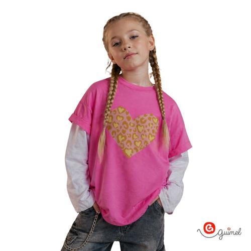 12164 Remera Nena Teen Ml Oversize Manga Superpuesta Corazon Print