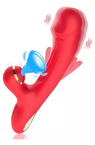 Vibrador Triple Succionador Consolador Estimulador Clítoris Rojo - Miniatura 1
