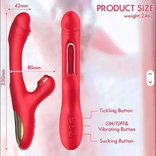 Vibrador Triple Succionador Consolador Estimulador Clítoris Rojo - Miniatura 3