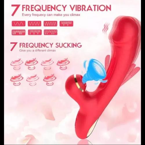 Vibrador Triple Succionador Consolador Estimulador Clítoris Rojo - Miniatura 4