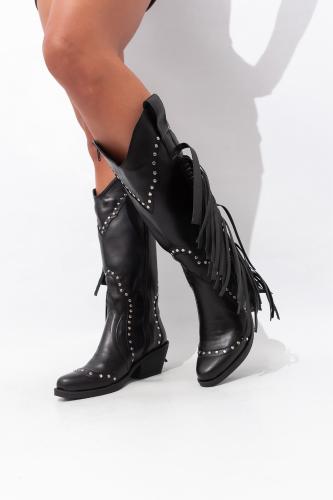 Bota Texana Caña Alta Flecos Tendencia Pu Negro Silver