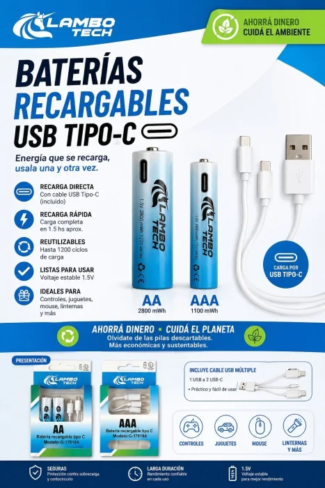 Pilas Recargables Aa y Aaa con Carga Tipo C