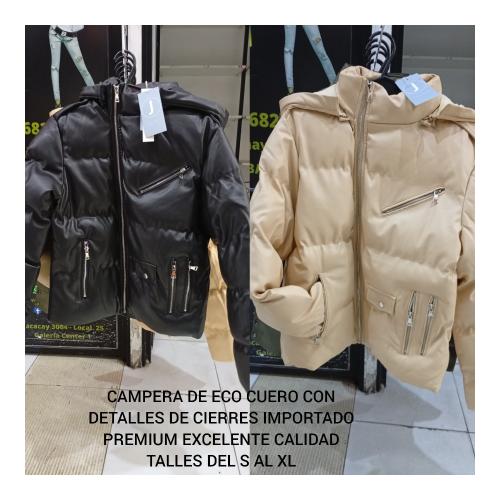 Campera de Eco Cuero con Cierres y Capucha Desmontable para Dama Talles del S al Xl