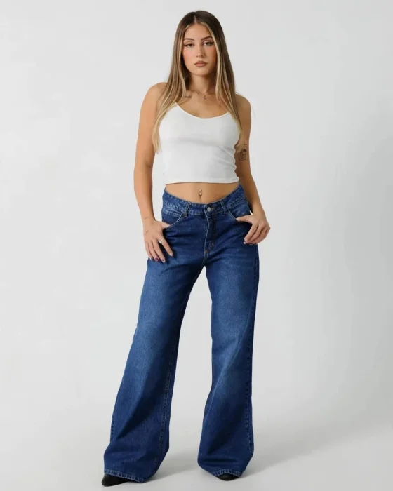 Wide Azul Locaiizado Tiro Alto Denim Rigido Premium