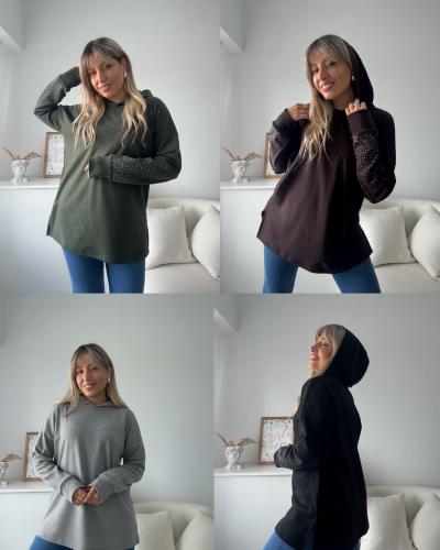 Buzo Oversize con Capucha y Apliques Strass en Mangas - Miniatura 3