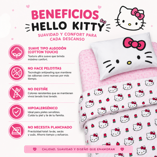 Juego Sábanas Hello Kitty 1 1/2 Twin Suaves Cotton Touch Licencia Oficial - Miniatura 3