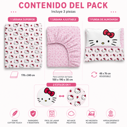 Juego Sábanas Hello Kitty 1 1/2 Twin Suaves Cotton Touch Licencia Oficial - Miniatura 5