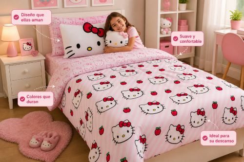 Juego Sábanas Hello Kitty 1 1/2 Twin Suaves Cotton Touch Licencia Oficial - Miniatura 6
