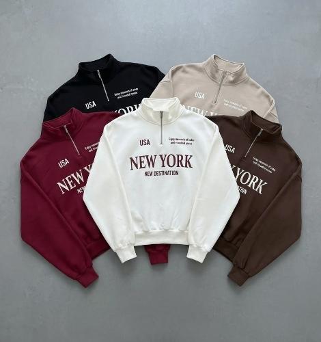 Buzo Cierre New York Polera Cuello Alto Algodon Frizado Estampado