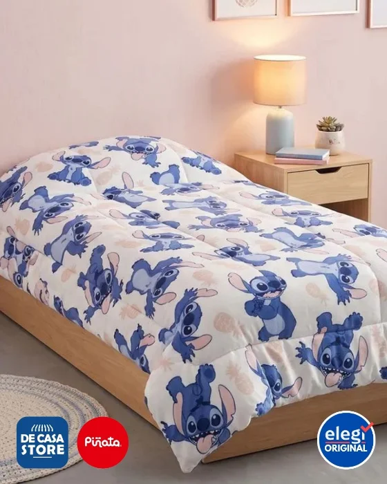 Acolchado Flannel Piñata Stitch 1 1/2 Plaza Extra Abrigo - Licencia Oficial Disney