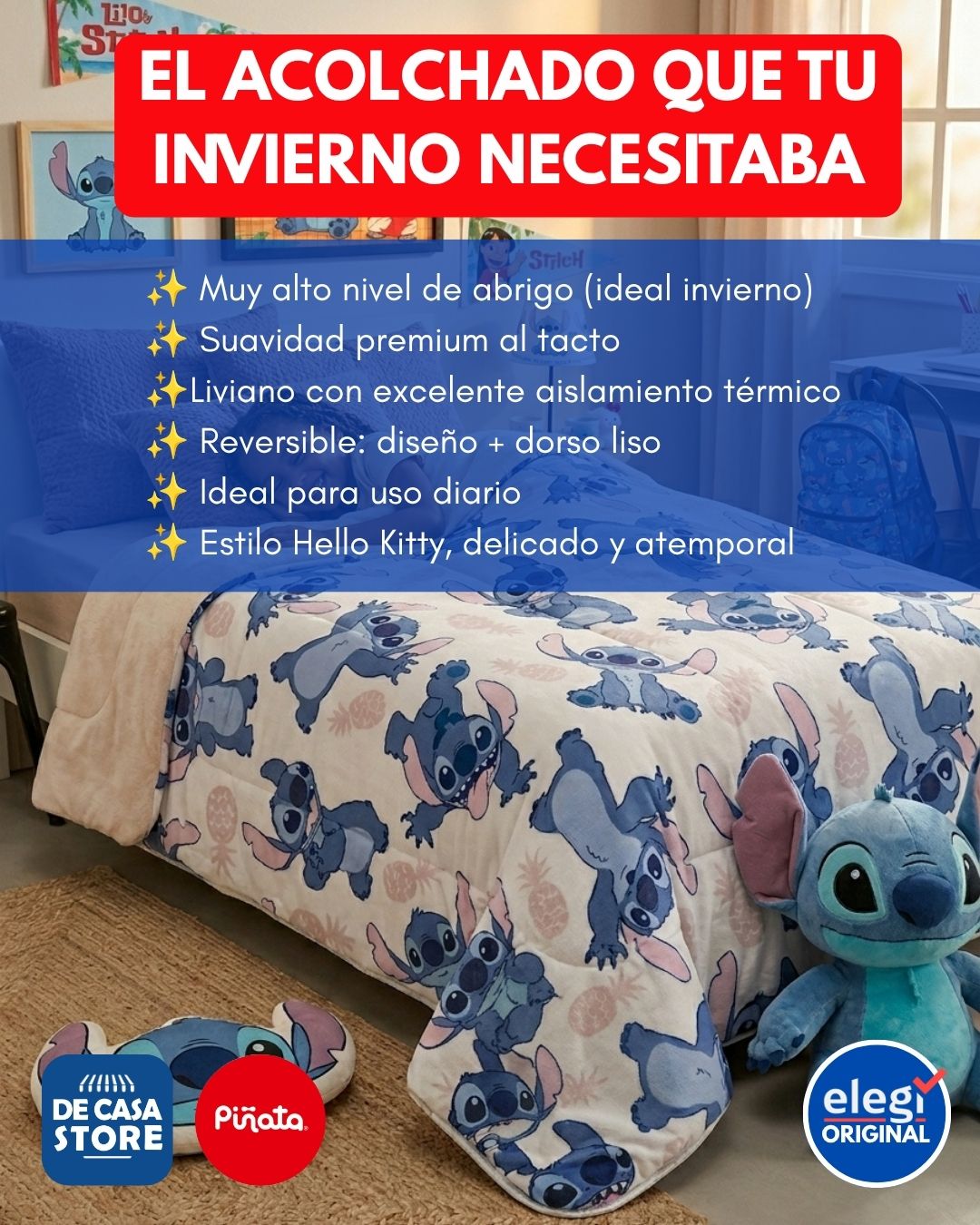 Acolchado Flannel Piñata Stitch 1 1/2 Plaza Extra Abrigo - Licencia Oficial Disney - 7.jpg