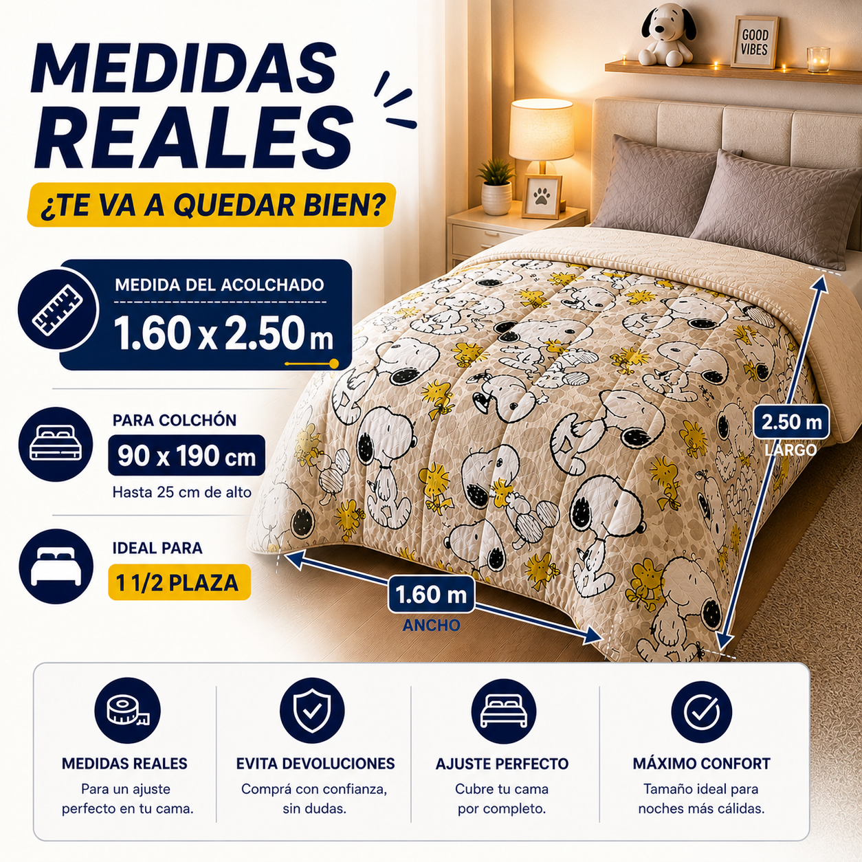Acolchado Snoopy Flannel 1 1/2 Plaza Súper Abrigado Invierno Premium Original Peanuts - 7.png