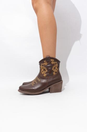 Texana Corta Bordado Negro Choco Cuero Ecologico Taco bajo Tendencia Montana - Miniatura 3
