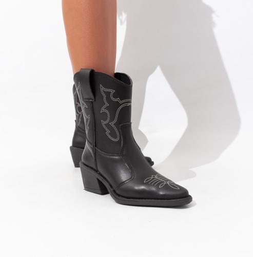 Bota Texana Caña Media Taco bajo Bordado Cuero Ecológico  Mari Blanco Negro - Miniatura 2