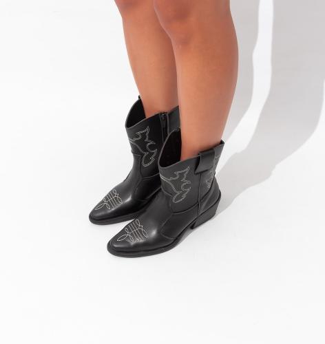 Bota Texana Caña Media Taco bajo Bordado  Mari Blanco Negro - Miniatura 3