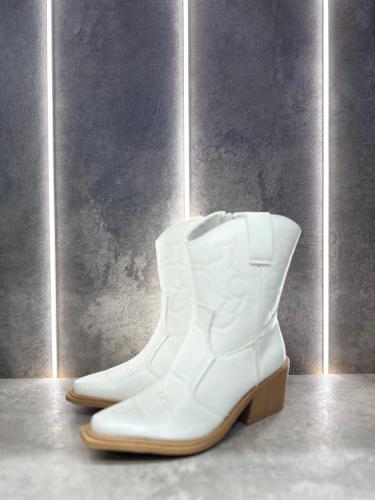 Bota Texana Caña Media Taco bajo Bordado  Mari Blanco Negro - Miniatura 4