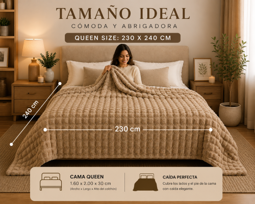 Frazada Flannel 230x240 Chill & Home Deluxe Cuadraditos Queen-beige Oscuro - Miniatura 3