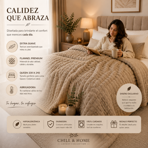 Frazada Flannel 230x240 Chill & Home Deluxe Cuadraditos Queen-beige Oscuro - Miniatura 4