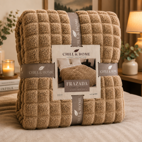 Frazada Flannel 230x240 Chill & Home Deluxe Cuadraditos Queen-beige Oscuro - Miniatura 5