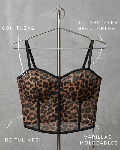 Corset de Tul Animal Print Top con Varillas, Breteles y Tazas de Transparencia - Miniatura 2