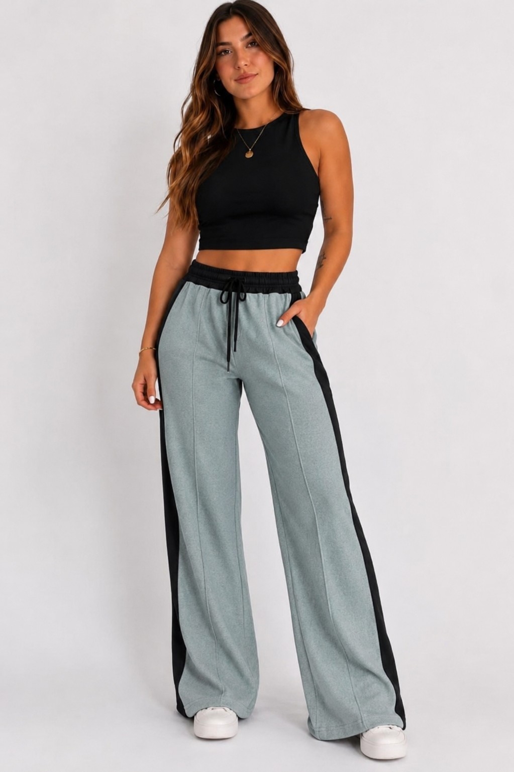 Pantalon Palazo Franja Darlon Combinado Cordon Cintura Bicolor Tendencia - Imagen 2