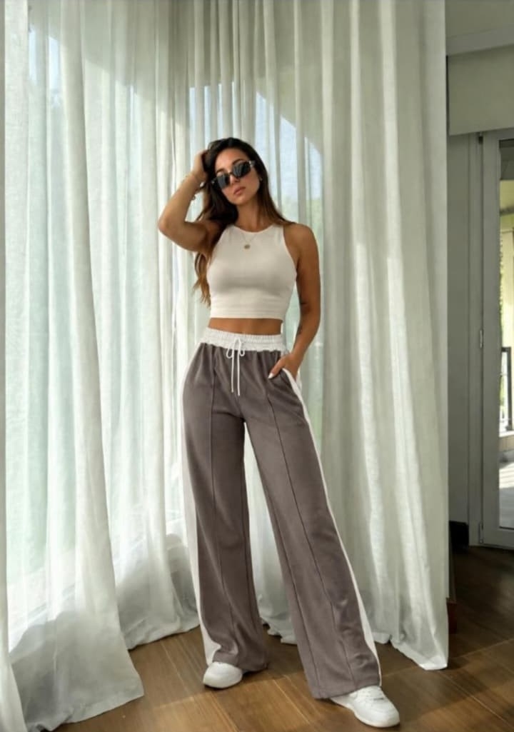 Pantalon Palazo Franja Darlon Combinado Cordon Cintura Bicolor Tendencia - Imagen 1