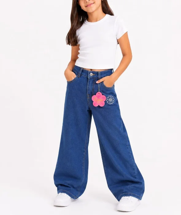 Baggy Azul Elastizado Floreado Bordado