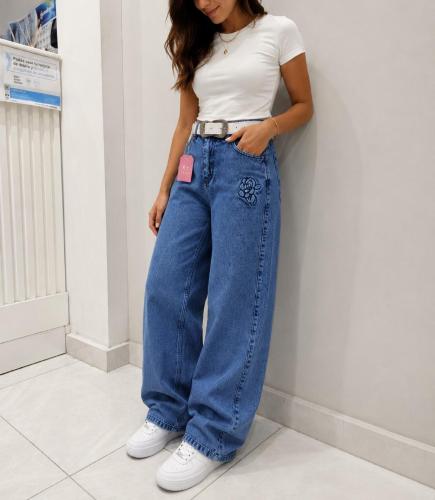 Pant.baggy Azul Bordado Floreado